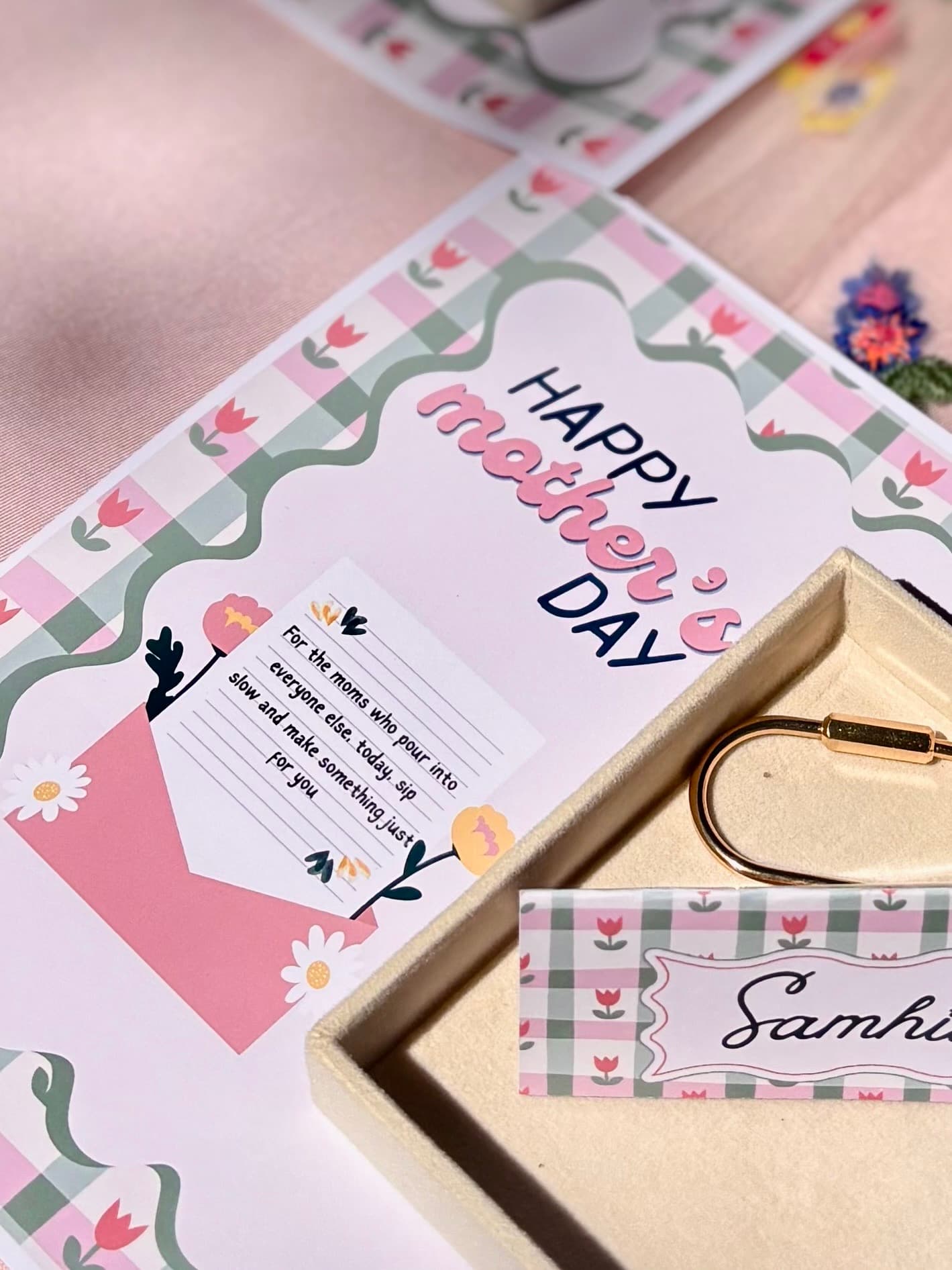 Mother's Day activity mat with welcome message and personalized name card